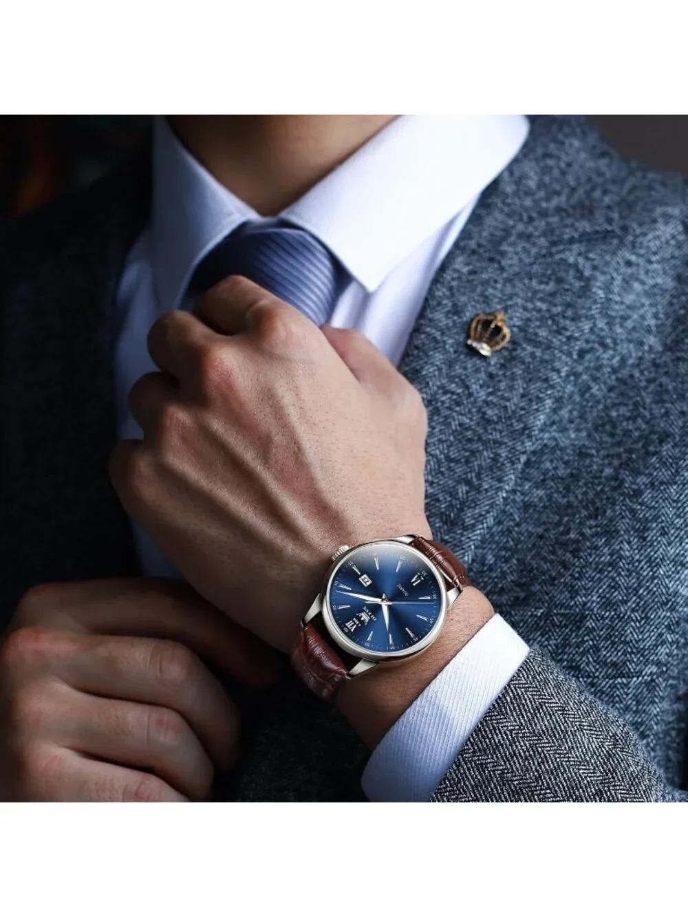 Men's Blue Brown Leather Band Waterproof Relog Para Hombres Classic Wrist Watch